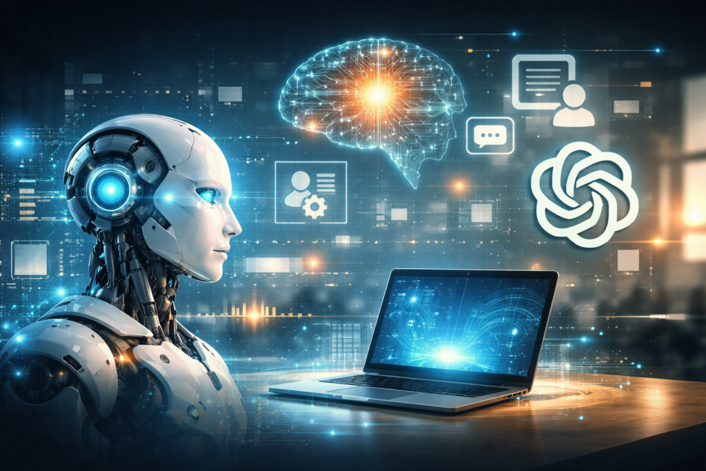 Bilden visar en robot och andra digitala verktyg.